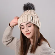 Женская Вязаная Шерстяная Шапка, зимняя однотонная кашемировая Лыжная шапка с натуральным мехом енота, помпон, громоздкая вязаная шапка, шапка с черепом, горячая распродажа