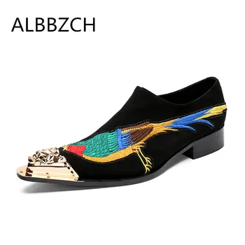 

New mens fashion embroidered luxury tetal pointed toe slip on genuine leather wedding shoes men man career work dress shoes 46