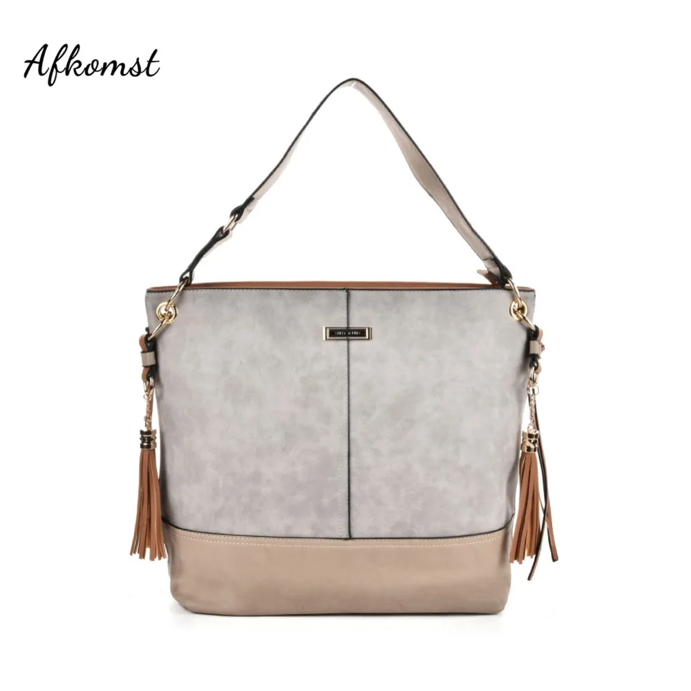 

AFKOMST Shoulder Bag for Women Casual Tassel Stylish Splicing Color Large Capacity Soft Leather Handbag High Quality SY2126
