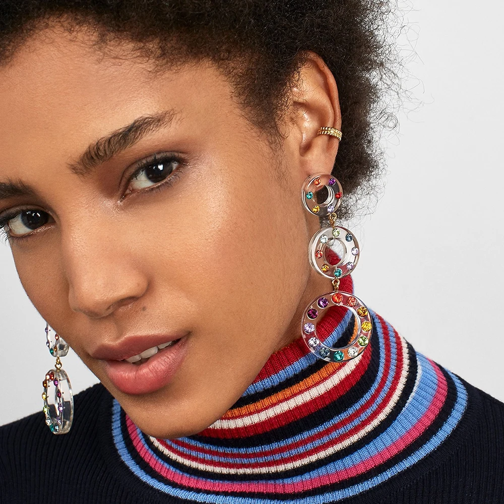 

New Fashion Transparent Resin Drop Dangle Earrings for Women Multicolor Rhinestone Long Chain Round Earring Party Jewelry Bijoux