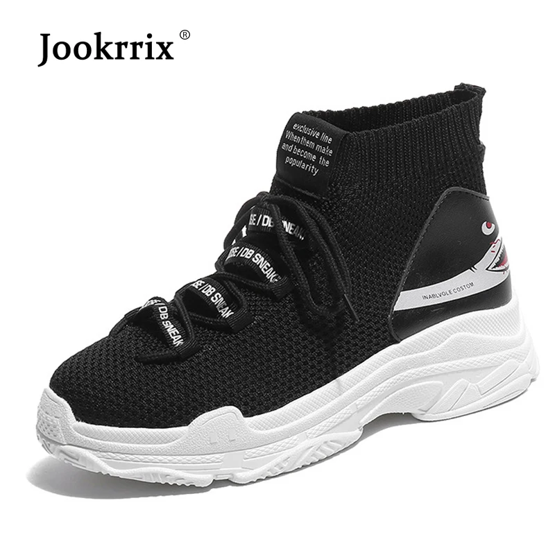 

Jookrrix Shark Logo High Top Sneakers Women Knit Upper Breathable Sock Shoes Platform 5 CM Fashion sapato feminino Black / White