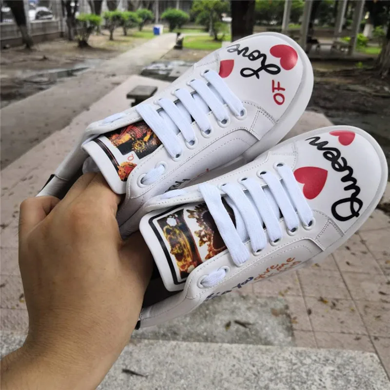 

Heart-Shaped Printed Woman Casual Shoes Letters Graffiti Women Print Tennis Shoes Genuine Leather Woman Sneaker Rubber Outsole