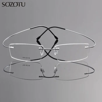 

SOZOTU Spectacle Frame Eyeglasses Men Computer Optical Pure Titanium Rimless Ultralight Clear Lens Glasses Frame For Male QF190