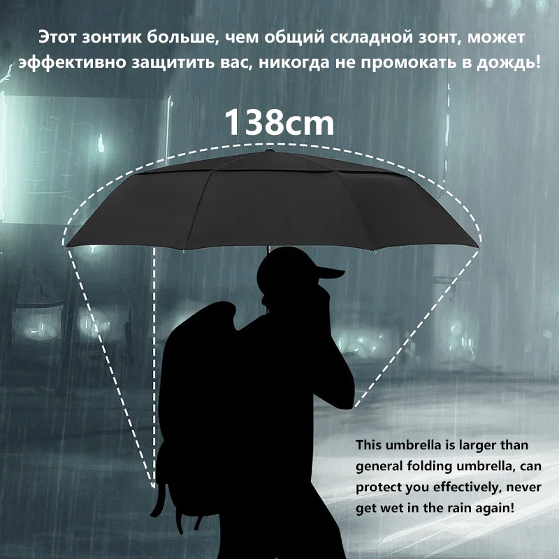 Большой Автоматический двухслойный зонт 125 см от дождя женский ветрозащитный