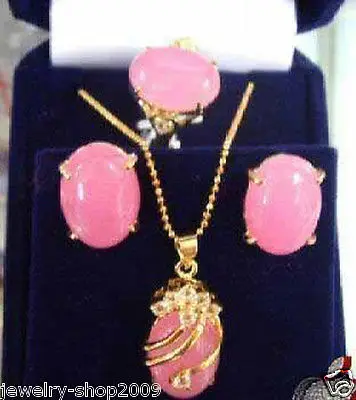 

Jewelry Pink jade pendant earring ring sets >^^1>18K gold plated watch Quartz stone CZ crystal