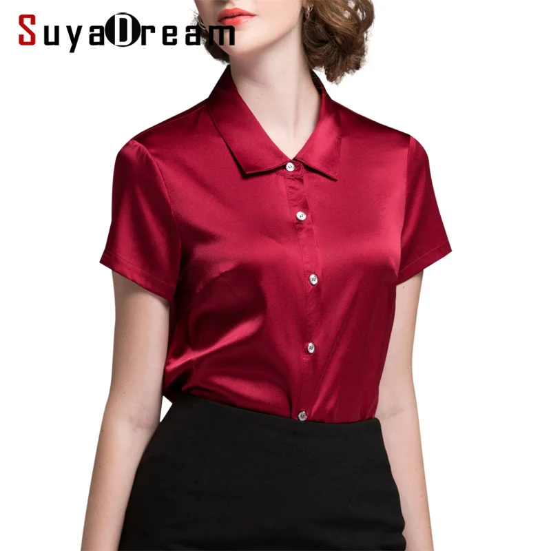 Women SILK SHIRT 94%Natural silk 6%Spandex Button Short sleeved OFFICE ...