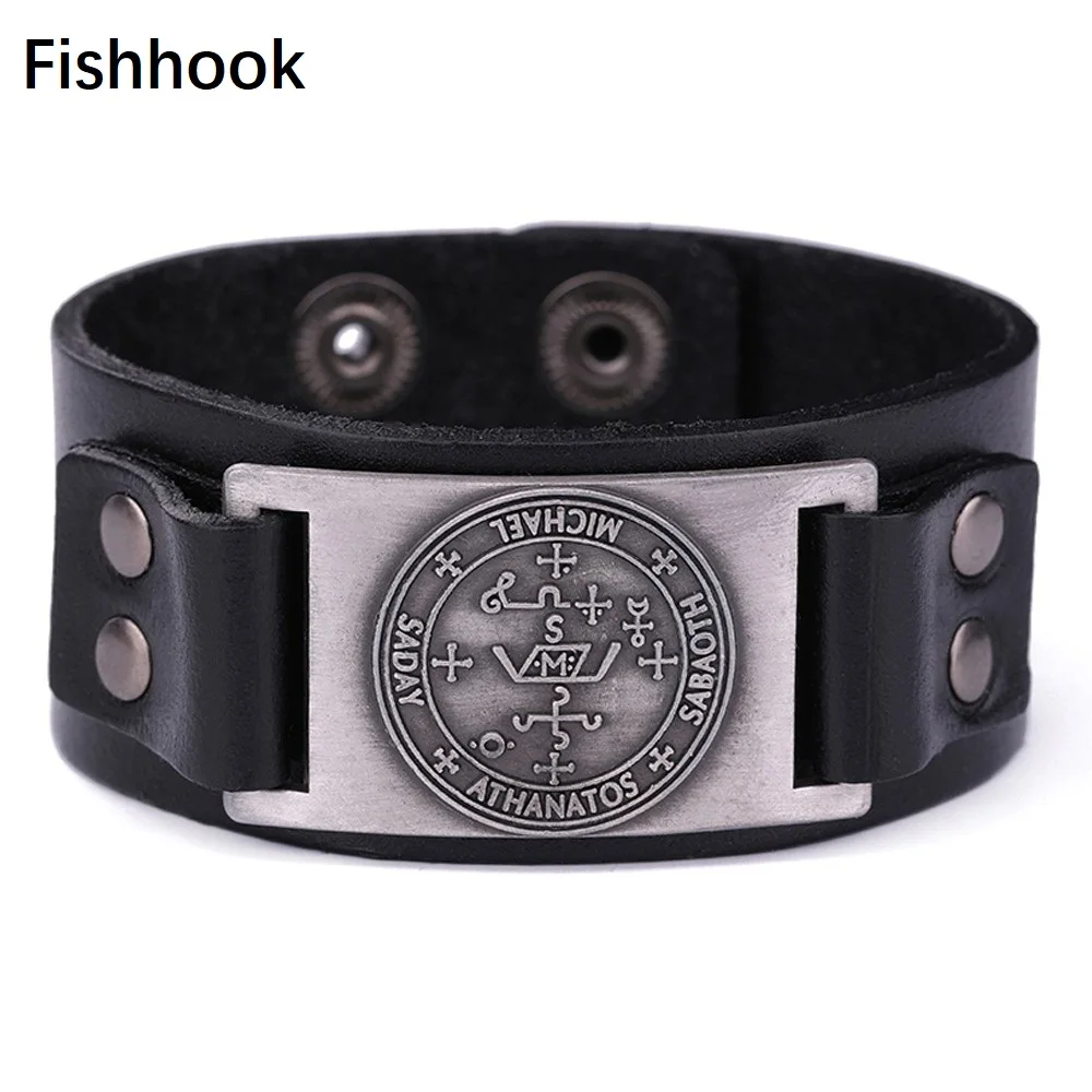 

fishhook Michael Archangel Wristband Pattern Pulseira masculina Amulet Pagan Leather Cuff Bracelets Adjustable man's Jewelry