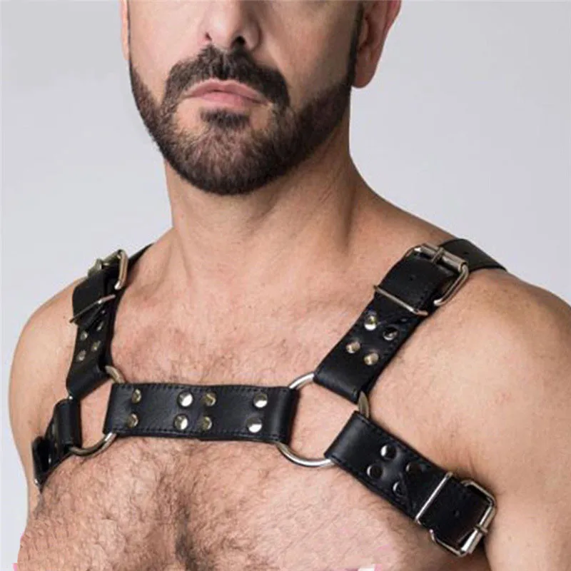 

Men Chest Muscle Double Shoulders Belts Rock Punk Gothic Rivet Leather Body Harness Belts Male Body Bondage Straps With O Ring
