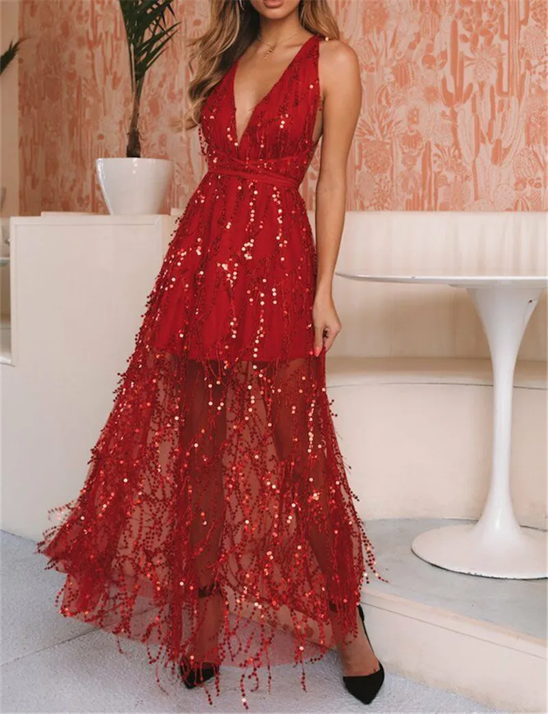 

2019 Sexy Red Sequins Summer Dress Women Bandage Bodycon Beach Party Long Dress Elegant Backless Night Club Dresses Vestidos New