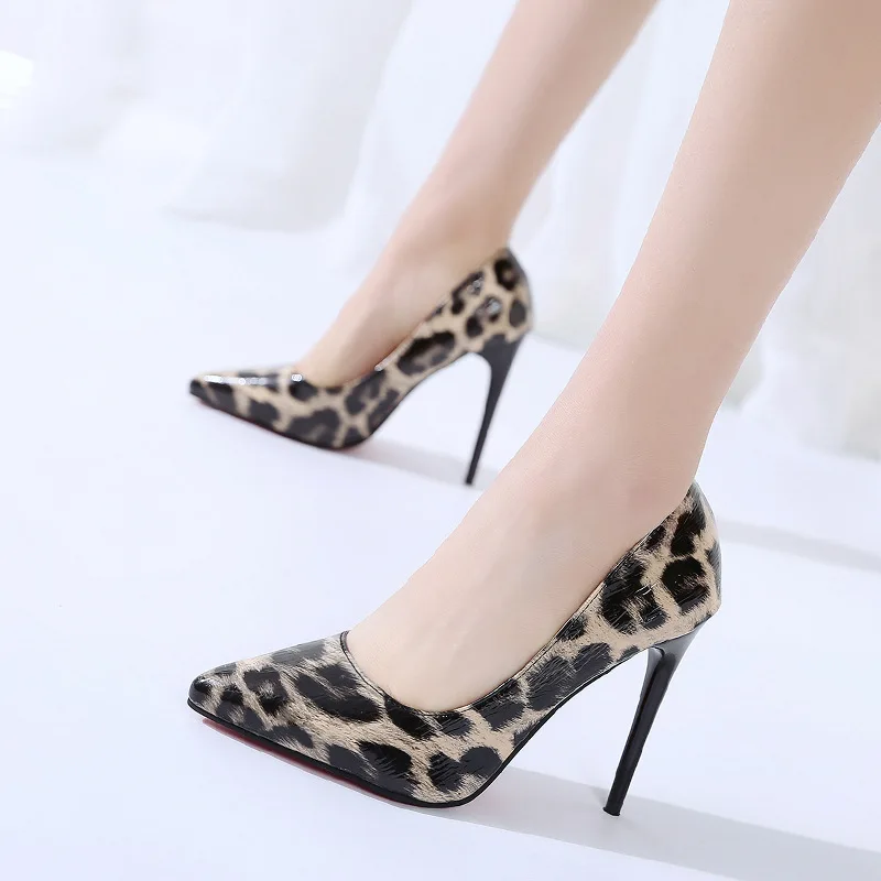 

New Women Shoes Pump Leopard Patent Leather 11.5cm Thin High Heels Pointed Toe Shallow Lady Sexy Party Female Shoes Plus Size