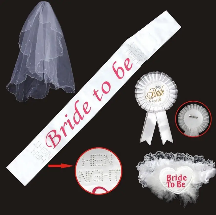 

Bride To Be Set Rosette mantilla Badge Sash Garter Veil tiara Hen Night Bachelorette wedding Party props white girl xmas gift