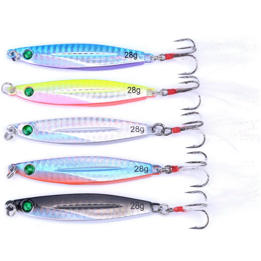 

5PCS 28g jigging lure Hard metal Lead fish artificial Deep diver swimming sea fishing tackle wobbler jig pesca treble hook