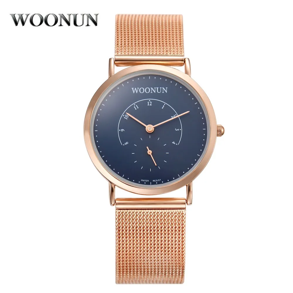 WOONUN, Роскошные мужские часы, известный бренд, розовое золото, часы с синим циферблатом, полностью стальные Мужские кварцевые часы, тонкие мужские часы, reloj hombre