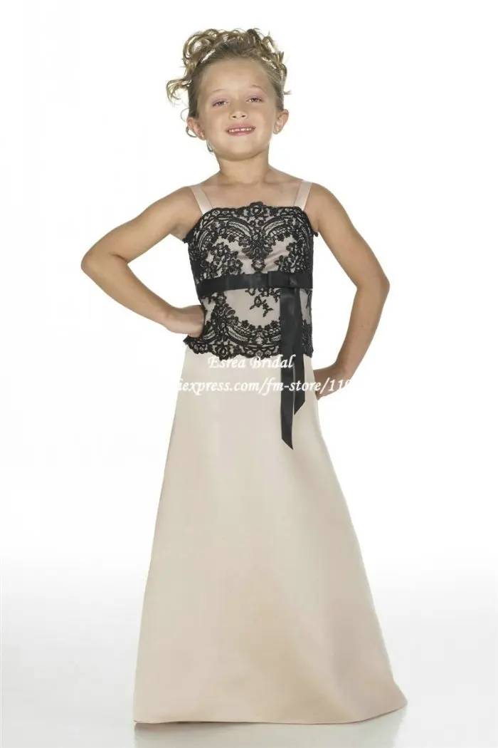 Spaghetti Straps Unique Black Lace Covered Champagne Junior Bridesmaid