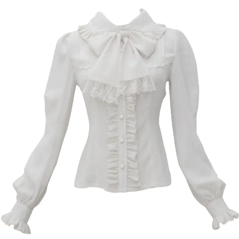 

Fleece Lace Tied Bow Neck Lolita Blouse Victorian Costume For Women Elegant Fitted Shirt Button Up Ruched Top Lady White Black