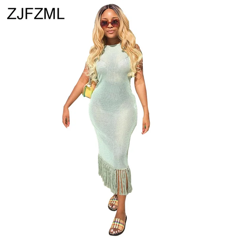

Fishnet Hollow Out Sexy Club Party Dress Women Tassels Patchwork See Through Vestido Summer O Neck Sleeveless Bodycon Robe Femme