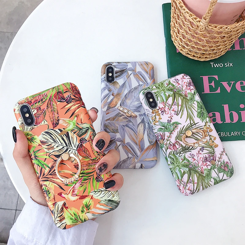 

Fashion Plant pattern Metal ring Holder Phone Case For Iphone XR XS XS Max 8 7 Plus X 6 S Plus Case Soft IMD Phone Back Cover