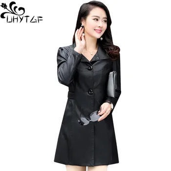 

UHYTGF M-5X High quality washed leather Jacket Women Slim long Windbreaker Outerwear Female Casual Spring Autumn Leather coat123