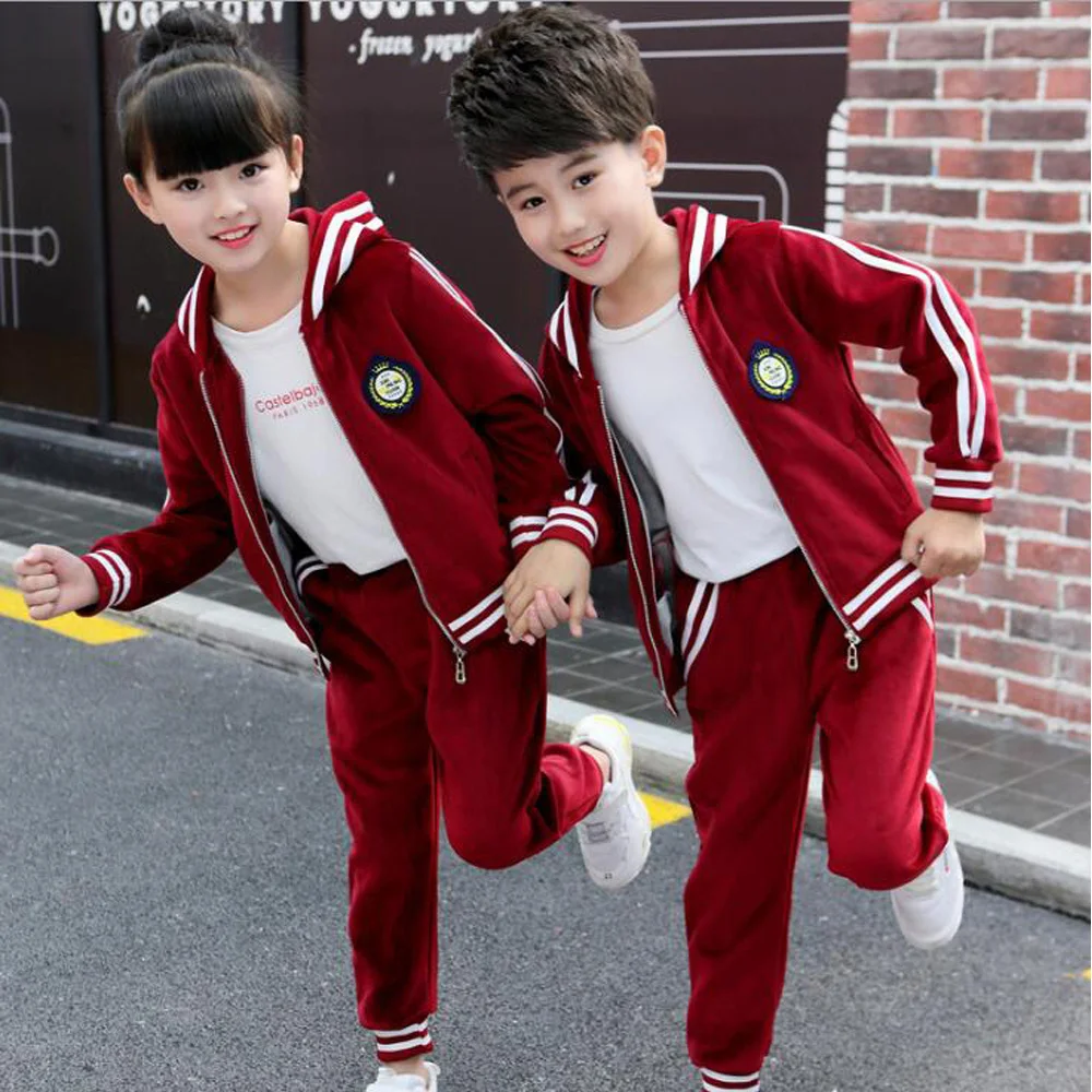 Дети начальной красный Худи и штаны костюм подросток студентов Спортивный комплект костюмов для мальчиков и девочек, осенняя школьная униформа, костюмы спортивные костюмы