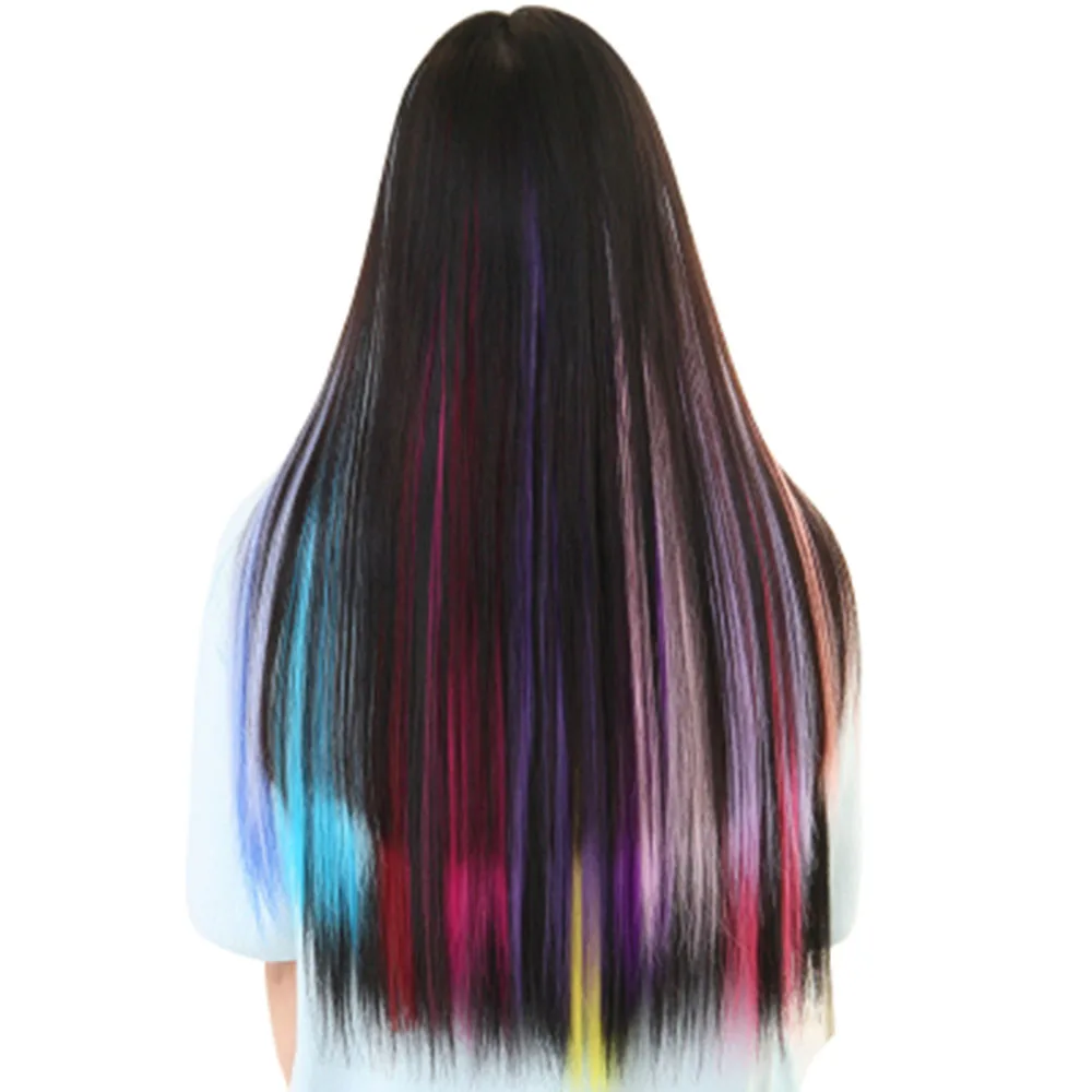Градиентные цветные синтетические волосы для наращивания на заколках, термостойкие длинные прямые шиньоны, один зажим для женщин, накладные синие волосы