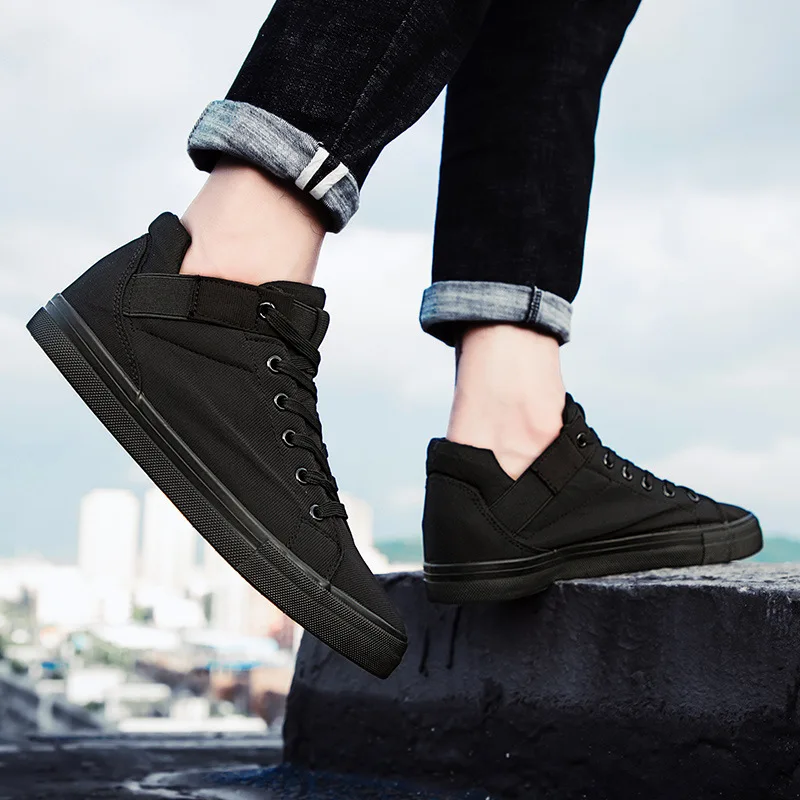 Mens High-top Canvas Shoes Men Spring Autumn Top Fashion Sneakers Lace-up High Style Solid Colors Man Black Shoes ghn78