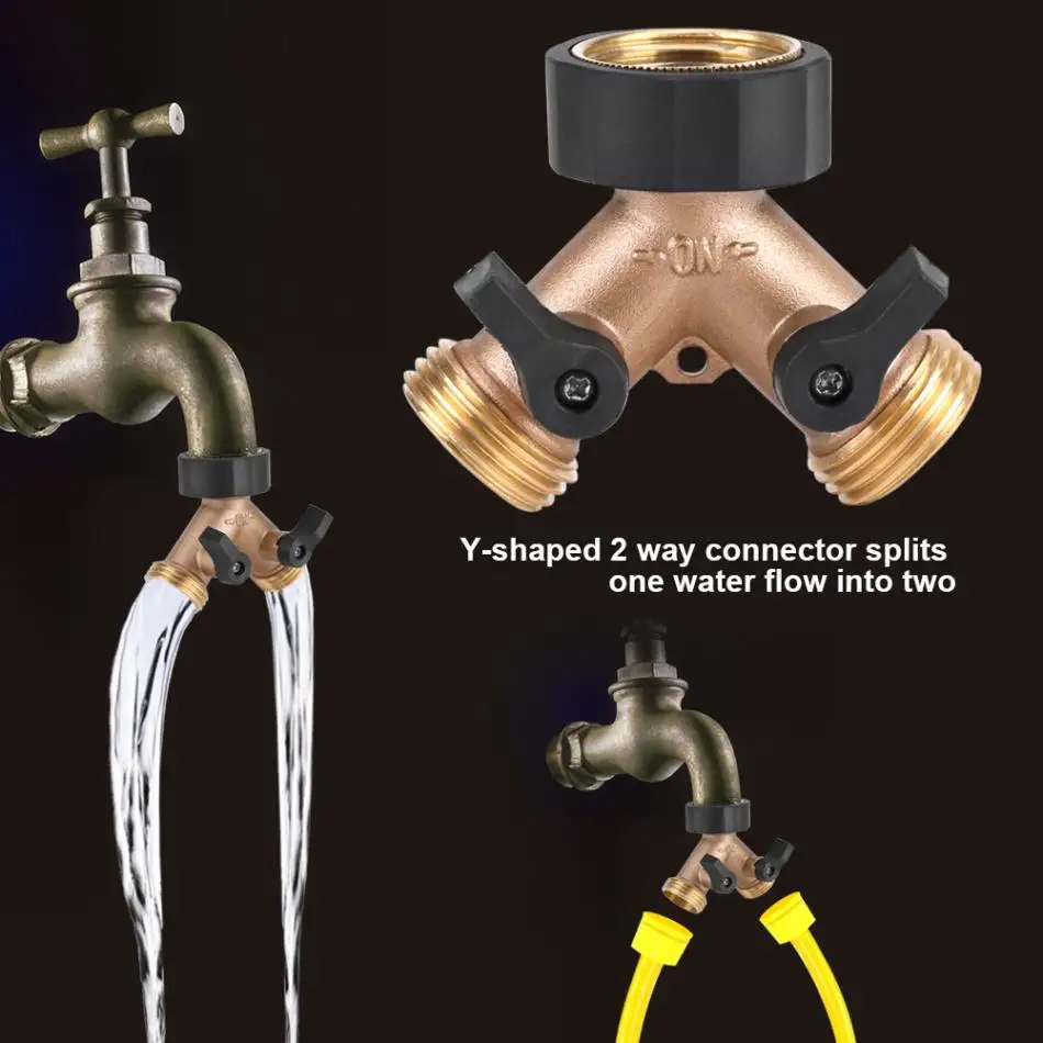 Garden Hose Connector Brass Water Tap Adapter 2 Way Y Shape 3/4 Hose