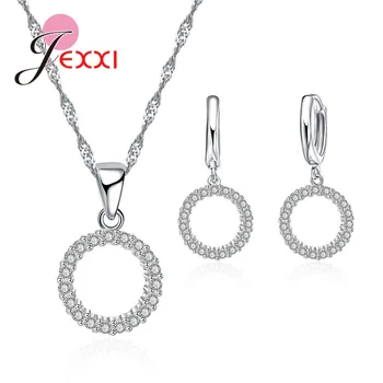 

Fast Shipping Simple Round Hoop Design Around Zircons 925 Sterling Silver Necklace+Earrings Jewelry Sets High Quality