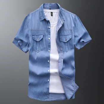 

Turn-down Collar Denim Shirt Men Slim Fit Korea Clothes Men Short Sleeve 2019 Summer Designer Club Shirt Camisa Masculina Homme
