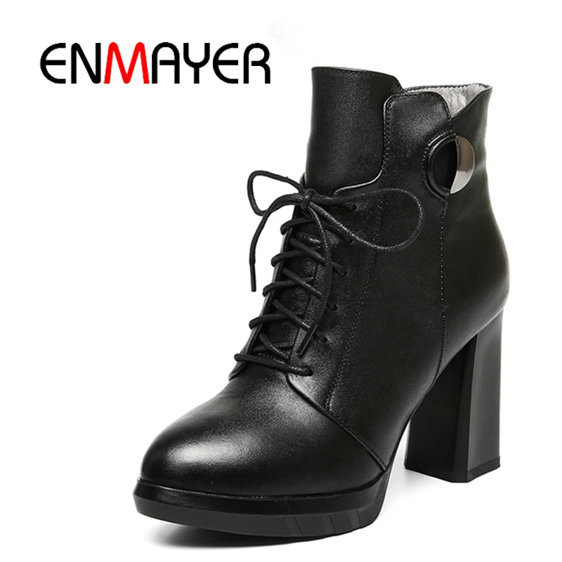 

ENMAYER Newest High Quality Hand Made Women's Ankle Boots Cross-tied Lace Up Full Grain Leather Round Toe Shoes 34-39 WHY10