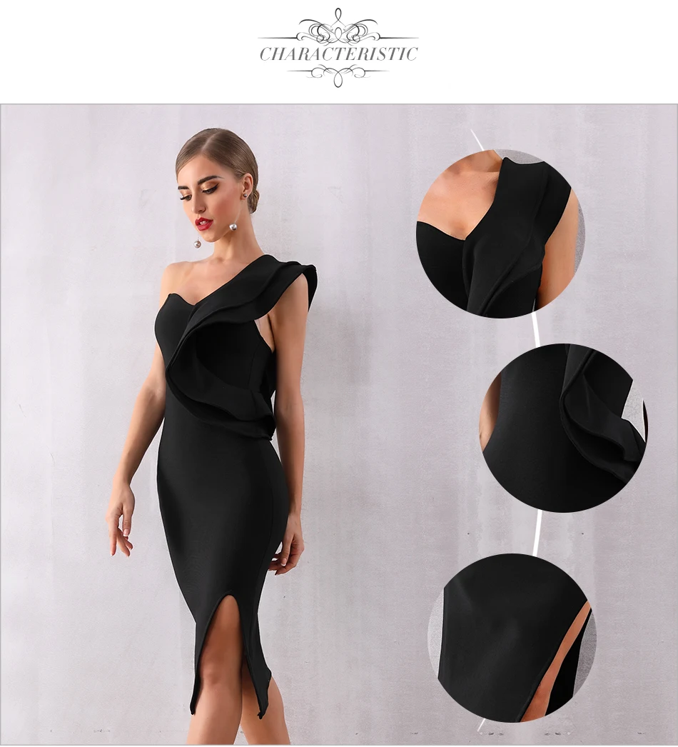 Little Black One Shoulder Ruffles Bodycon Dress