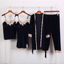 4 шт., женский сексуальный Велюровый комплект для сна, Халат+ ночная рубашка+ Топ без застежки+ штаны, кружевное нижнее белье, комплект одежды, модная домашняя одежда для женщин