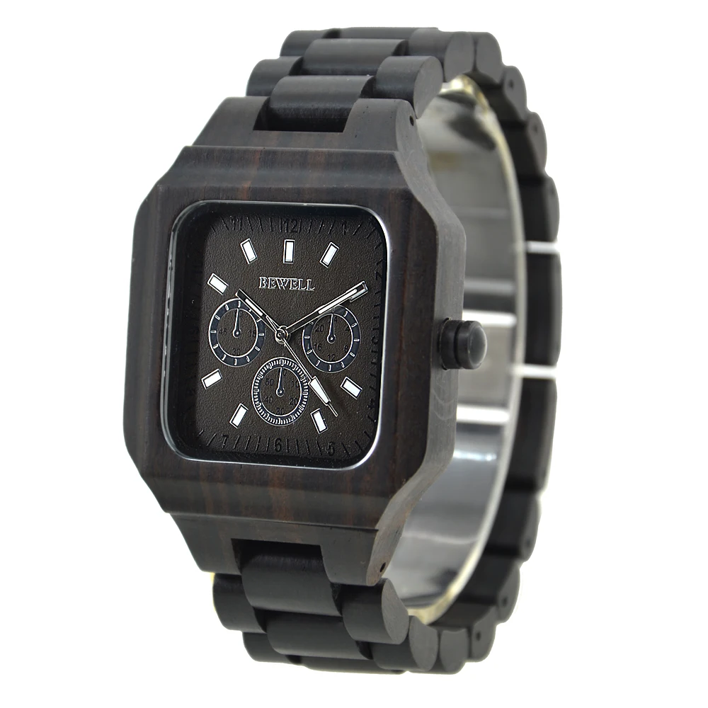 

BEWELL 2019 Latest Men's Wooden suqareWatches Full Original Wooden Band Luminous Pointer Luxury Quartz Watch with Gift Box 001A
