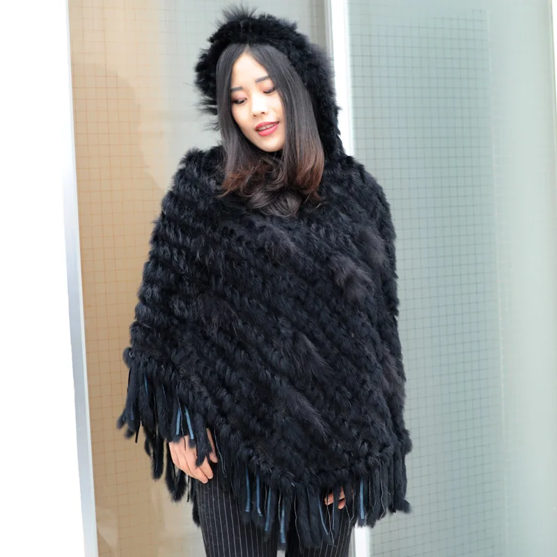

CX-B-89 Latest Fashion Deshign Ladies Hooded Hand Knitted Genuine Rabbit Fur Fringed Pullover Shawl