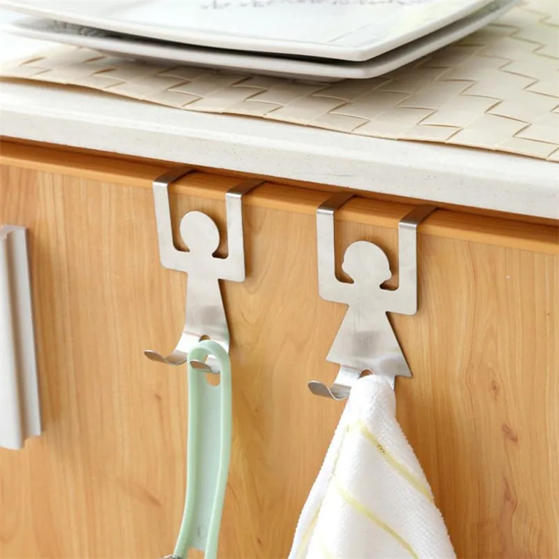 

2pcs Stuck Door Board Stainless Steel Hanger Lovers Person Shape Holder Hook Storage Rack Space Saver Kitchen Racks Hangers sale