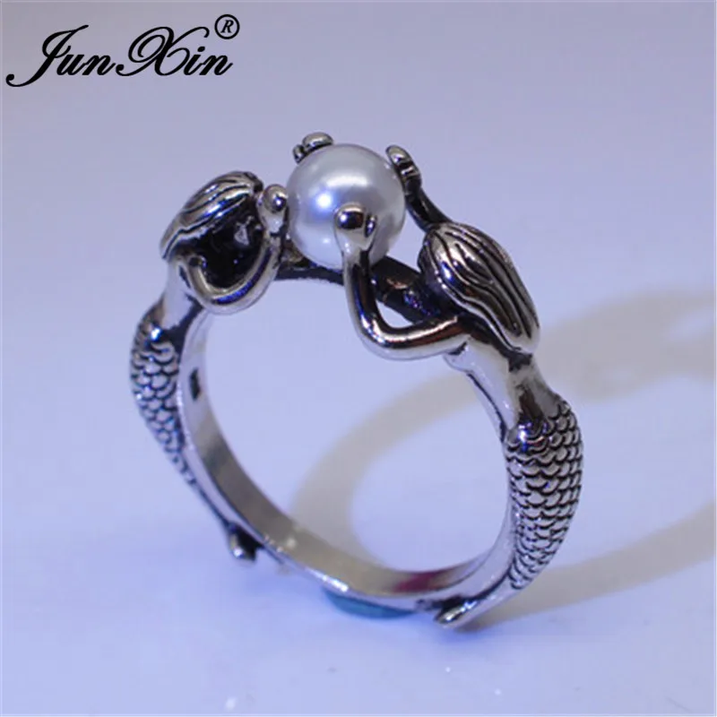JUNXIN Antique 925 Silver Mermaid Rings For Women Round Aqua Blue Zircon Shell Pearl Beads Ring Female Birthstone Wedding Bands