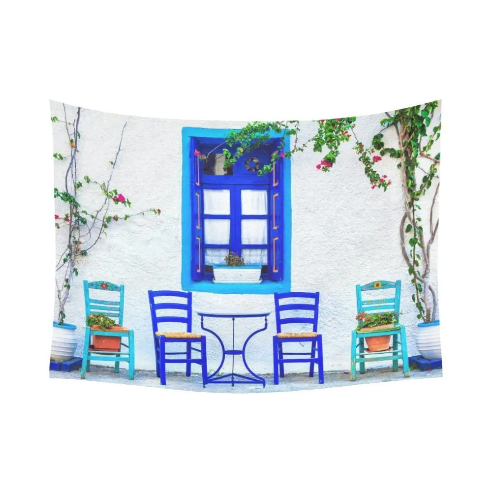 

Traditional Greece View Home Decor Wall Art, Floral Street House Tapestry Wall Hanging Art Sets