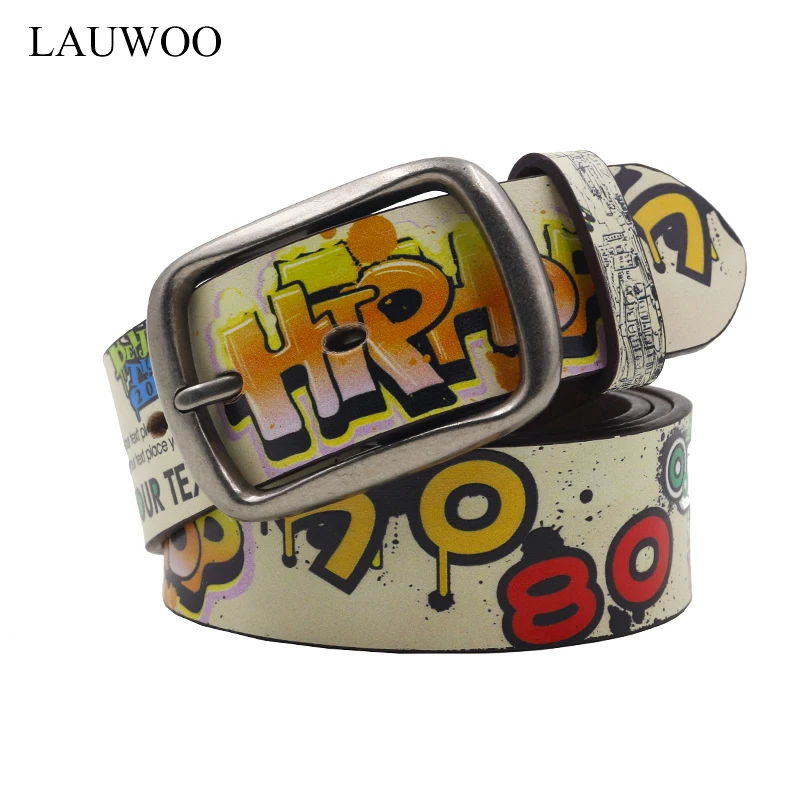 LAUWOO Girl Fashion Cool 3D Printed Belt Genuine Leather Belt Hip Hop