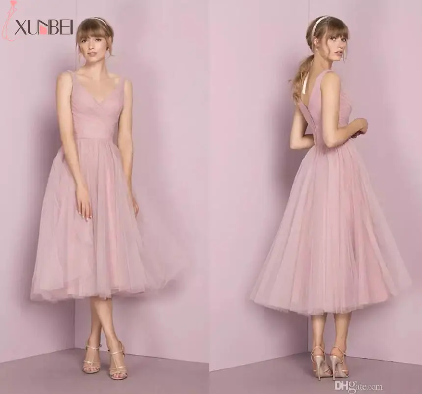 

Xunbei 2018 Custom Made Solid Pink Bridesmaid Dress V Neck Sleeveless Tea Length Ball Gown Elegant Wedding Party Dresses