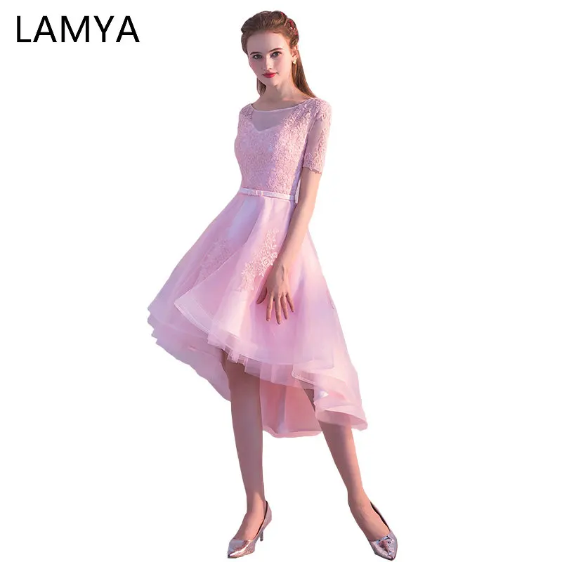 

Lamya Short Lace Sleeve High Low Prom Dresses Customized Short Front Long Back Evening Party Dress Simple vestido de noiva