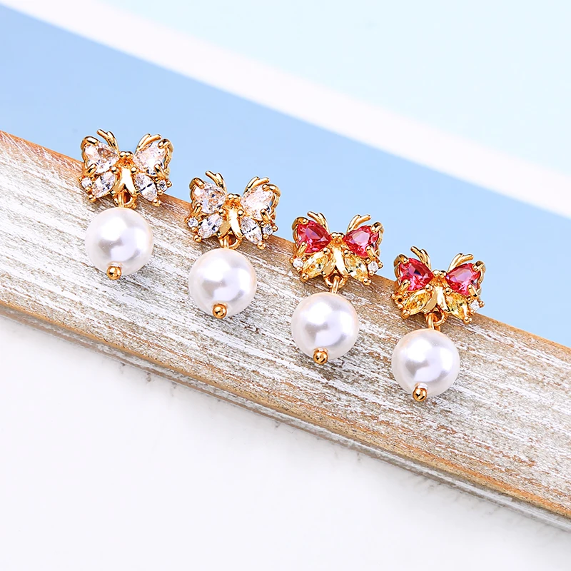 

kissme Unique Shiny Zircon Butterfly Glass Pearl Stud Earrings For Women Gifts New Fashion Gold Color Brass Jewelry Accessories