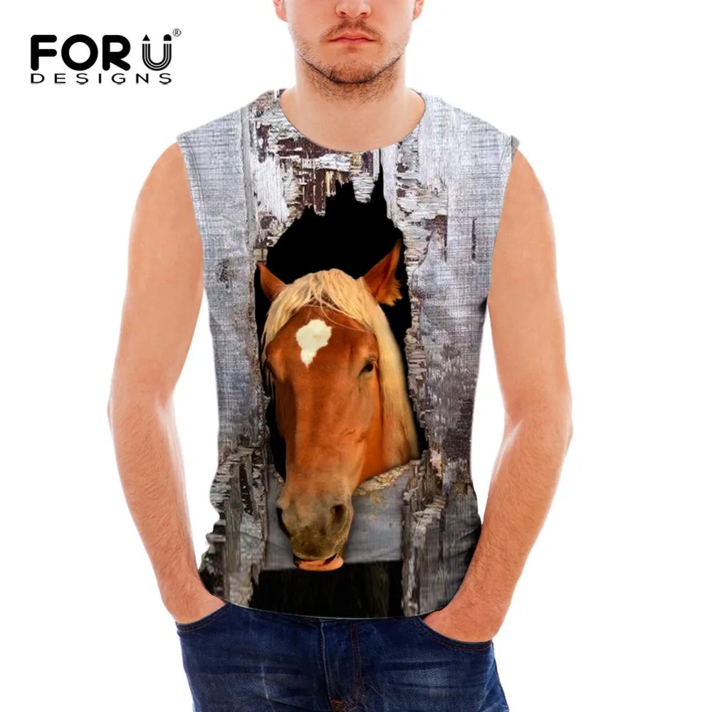 

FORUDESIGNS Mens O-Neck Tank Tops Summer Male Sleeveless 3D Crazy Horse Printing Clothes Man Garment Grey Vests Plus Size S-XXL