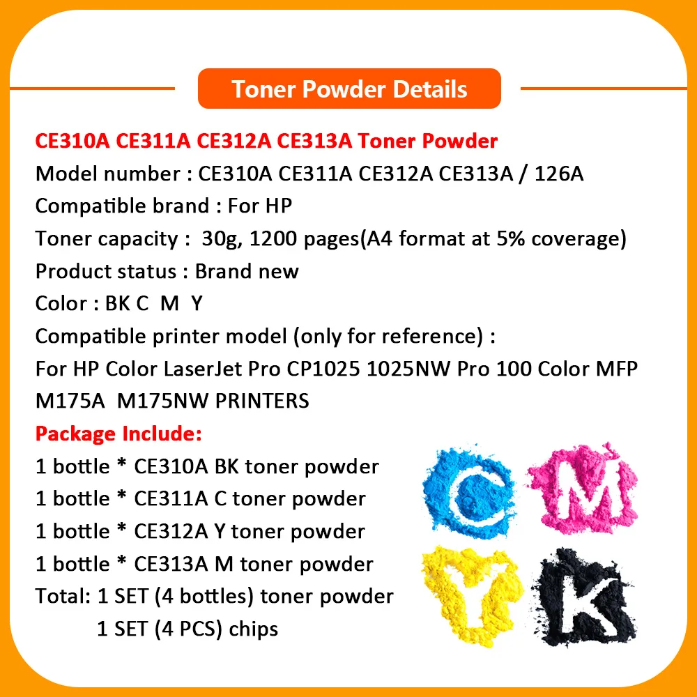 Тонер порошок Hisaint CE310A 310 311 312 126A BK C M Y совместимый с лазерным принтером HP CP1025 CP1025nw
