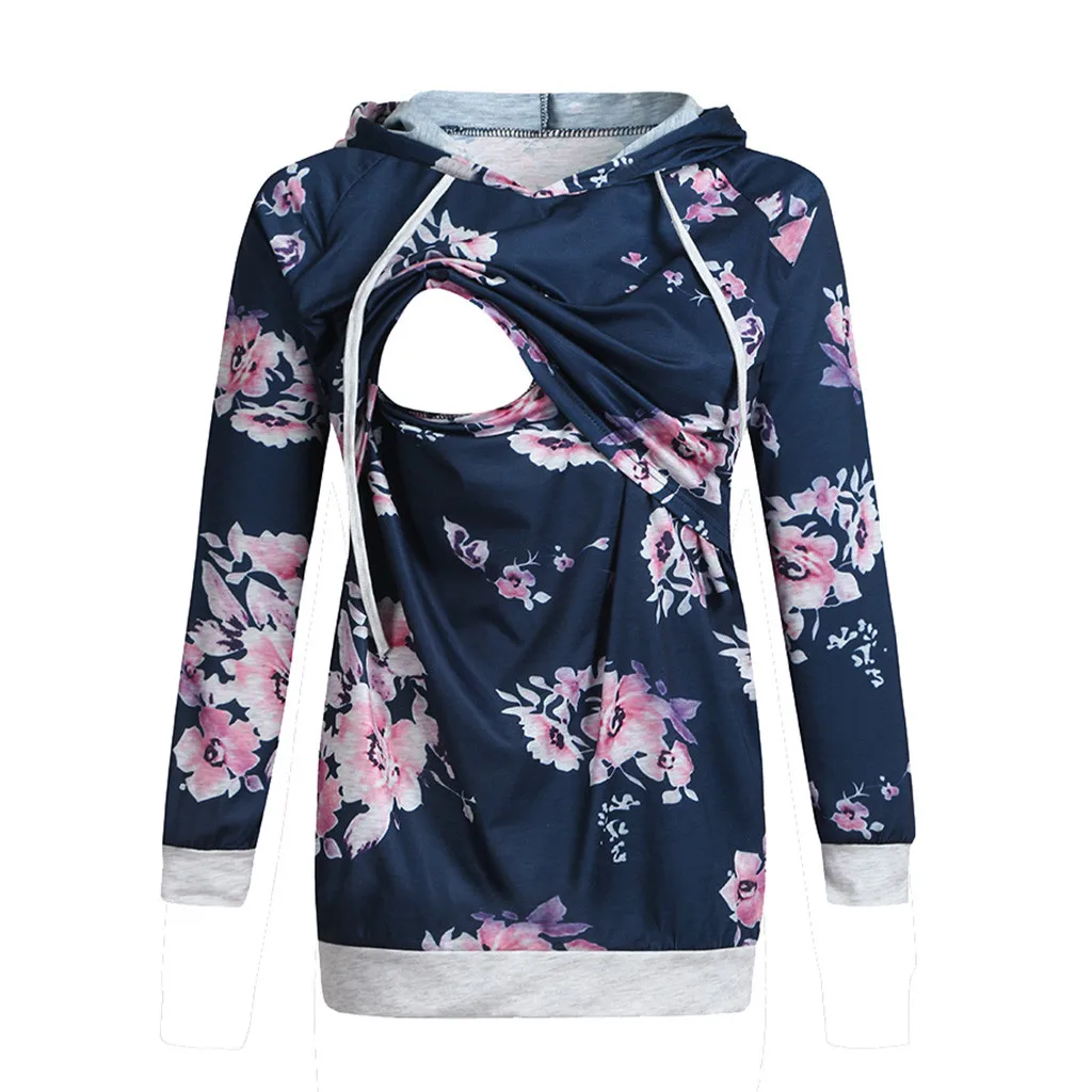 

Women's Nursing Clothes Maternity Hooded Sweatshirt Autumn Winter Long Sleeves Floral Breastfeeding Hoodie Sweatshirts Clothing