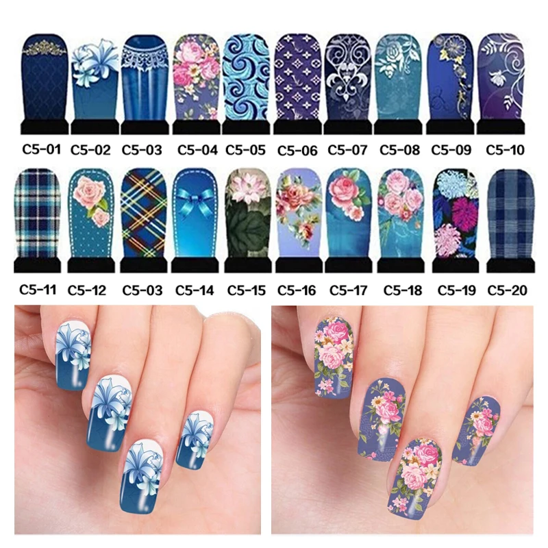 5pcs set Hot Water Nail Art Decal Flowers Design Watermark Transferable 