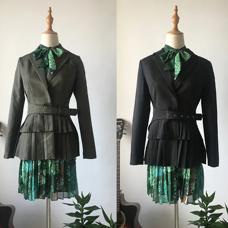 Unique Designing High Street Women Fall Fit Dress Suits Pleated Blazer Floral Printing Dress Runway Slim Twin Sets Outfits