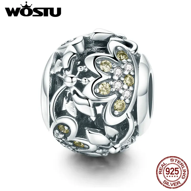 

WOSTU High Quality 925 Sterling Silver Cute Dragonfly and Flower Round Bead Fit Original Bracelet Necklace DIY Jewelry CQC822