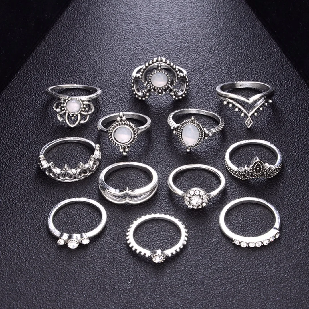 12pcs/set Vintage Crystal Opal Knuckle Ring Shellhard Crown Stone Midi Ring Sets  Punk Anillos Mujer Fashion Statement Jewellery