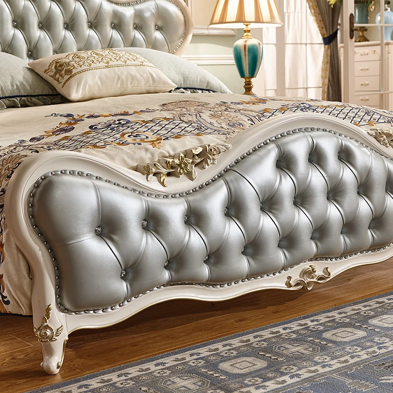 Luxury European and American style French Solid Wood Wedding Bed, Leather Bed With Beside Tables Luxury European and American style French Solid Wood Wedding Bed, Leather Bed With Beside Tables