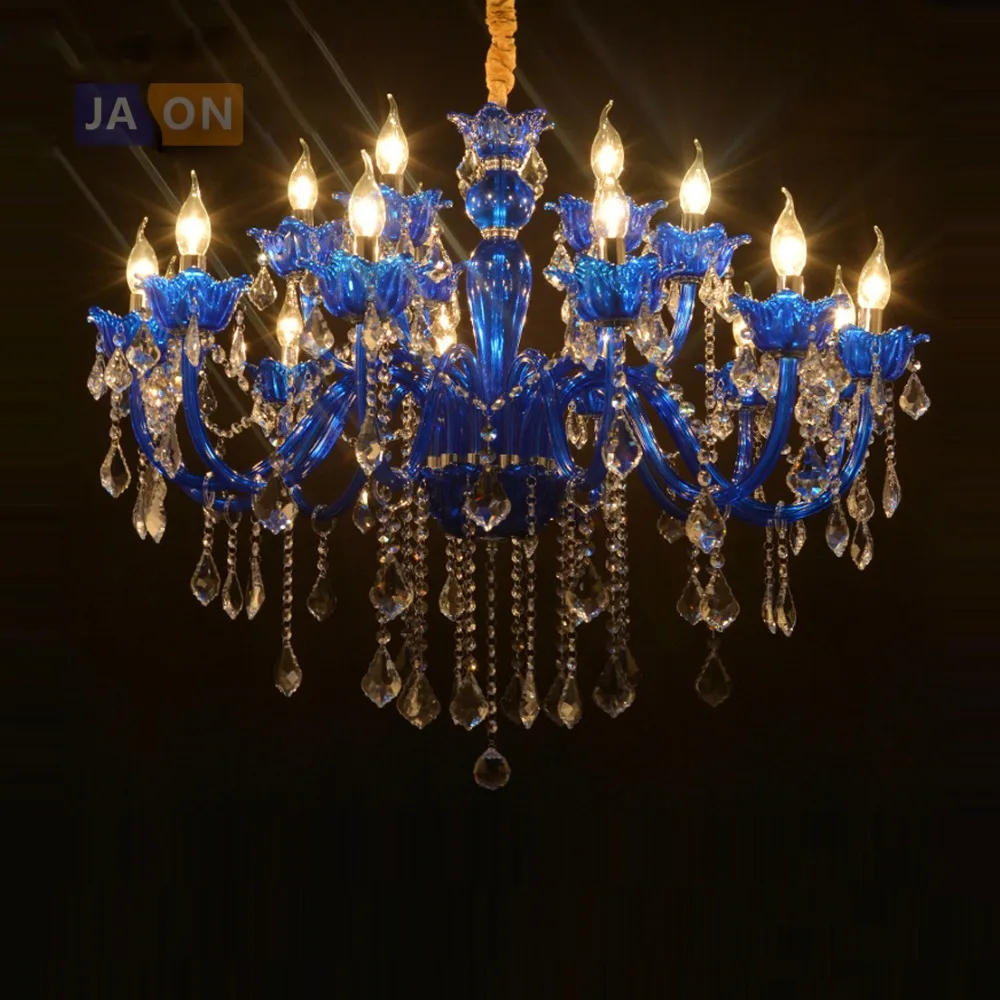 Led E14 European Iron Crystal Glass Blue Red Chandelier Lighting Lamparas De Techo Suspension