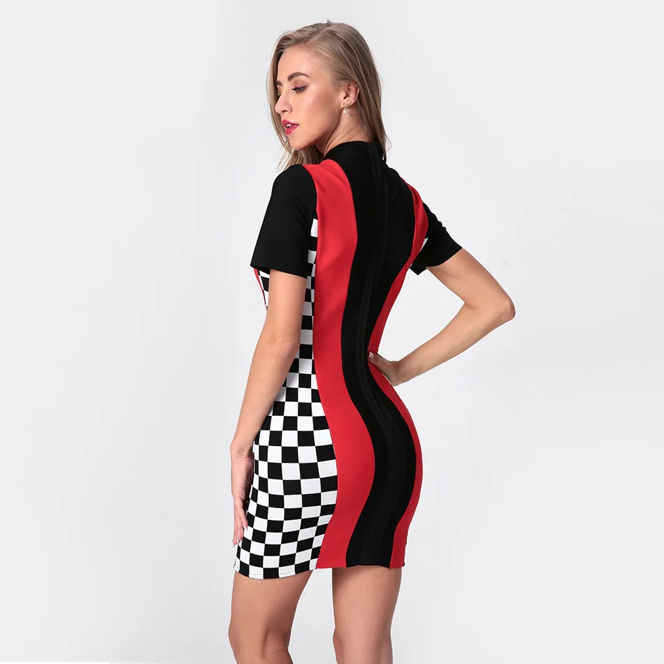 Turtleneck-Short-Sleeve-Above-Knee-Bodycon-Dress-Womens-Plaid-Color-Match-Mini-Bandage-Dresses-Ropa-Verano (3)